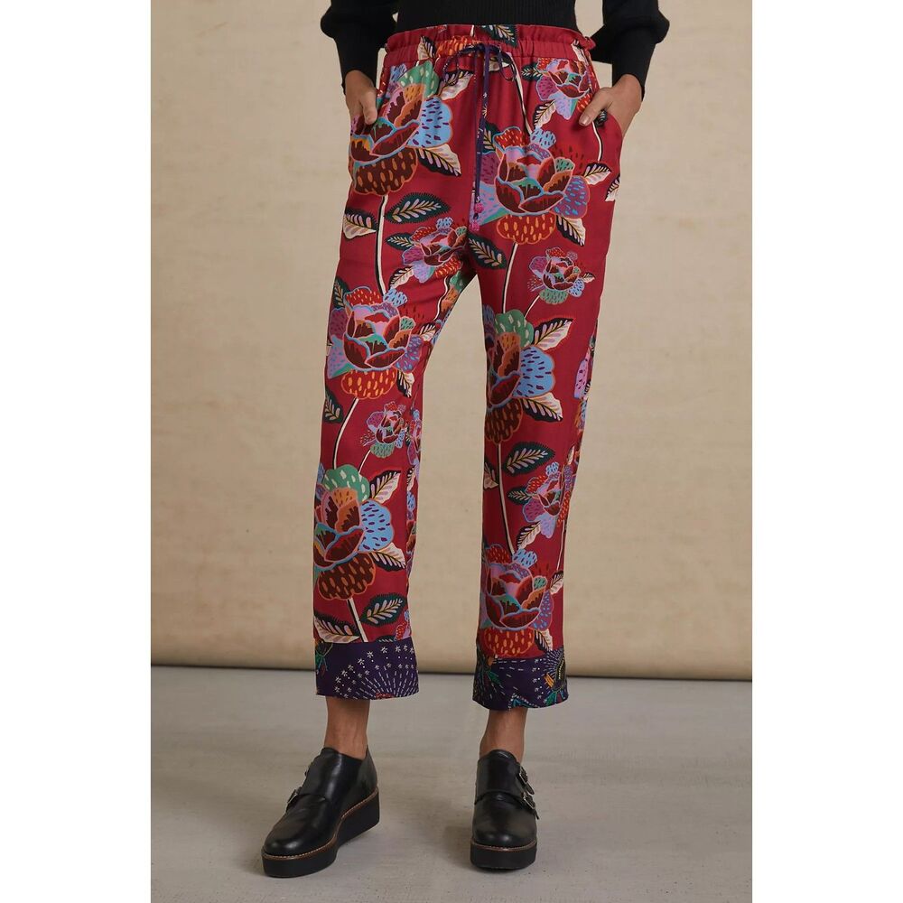 FARM Rio Anthropologie Violetta Cropped Trousers S Pink Floral Boho Pants